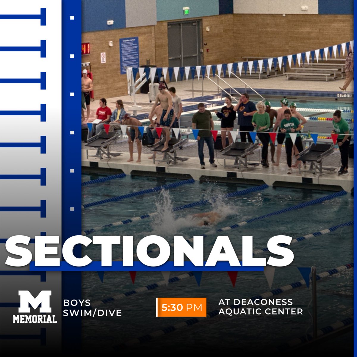 MemAthletics's tweet photo. 🏊‍♂️💙 Boys Swim &amp; Dive Sectionals – Tonight!

The Tigers are back in the pool for Sectionals this evening at 5:30 PM at the Deaconess Aquatic Center.

Come out and support our swimmers and divers as they compete for a chance to advance!

Good luck, Tigers! 💙🐯 #GoTigers https://t.co/2Lhw5nY6LN