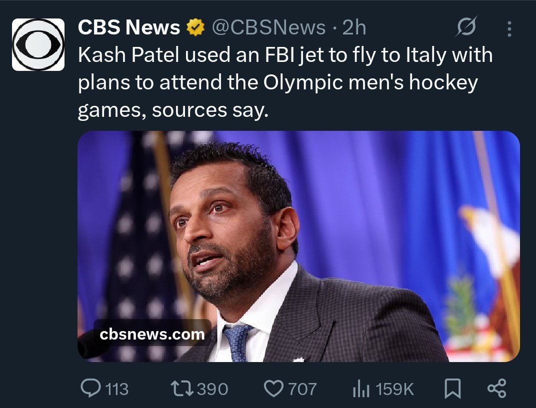 EVERY DAMN DAY is just endless corruption.

1. Pam Bondi is dropping criminal charges against all her brothers clients.

2. Alcoholic Labor Secretaries brother is a rapist.

3. Kash Patel flying to Italy in an FBI jet to watch the Olympics

4. Project 2025 hires male pornstar