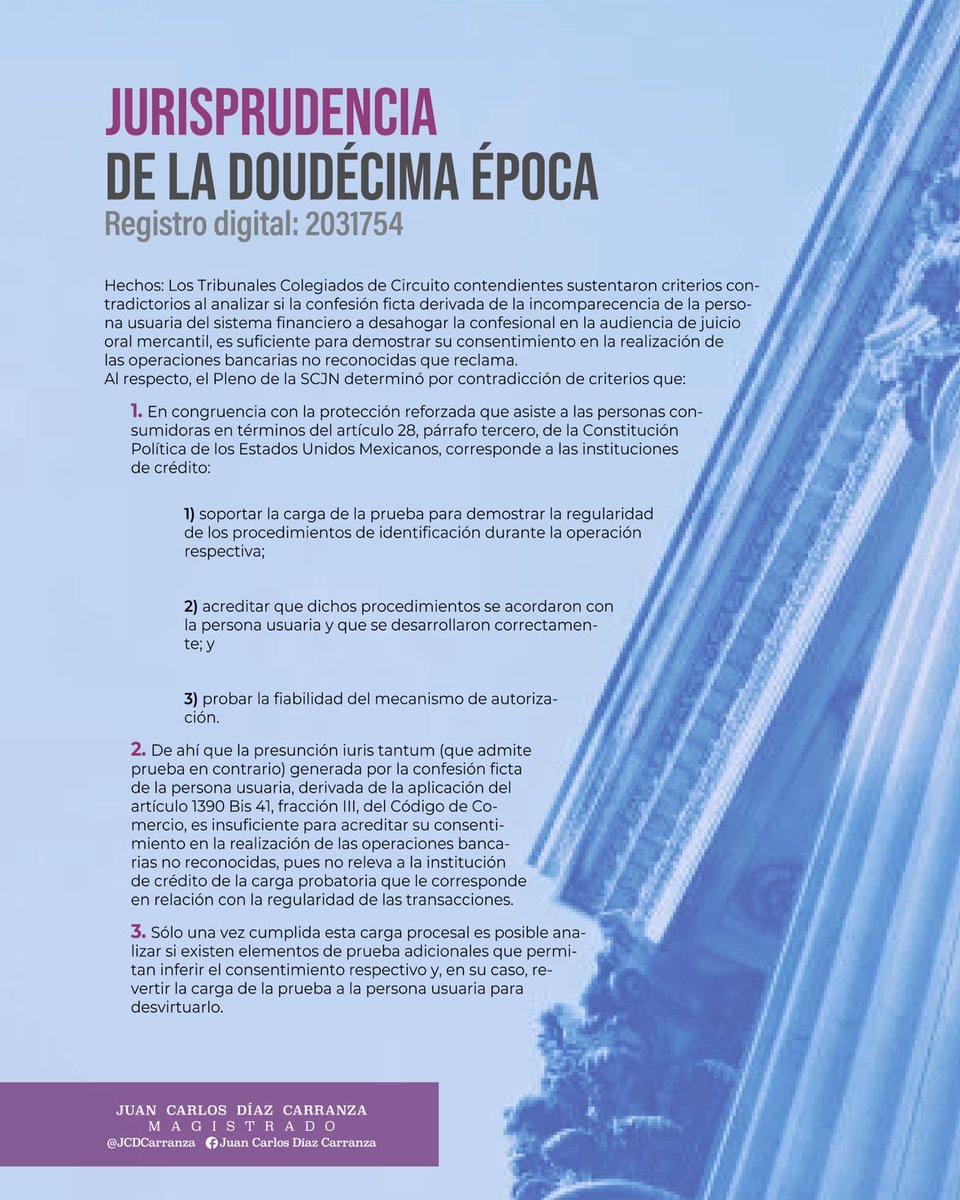 CONFESIÓN FICTA EN EL JUICIO ORAL MERCANTIL

👨‍🎓El Pleno de la <a href="/SCJN/">Suprema Corte</a> publicó la jurisprudencia en materia civil por contradicción de criterios en la que determinó:

La confesión ficta derivada de la incomparecencia de la persona usuaria de servicios financieros es insuficiente,