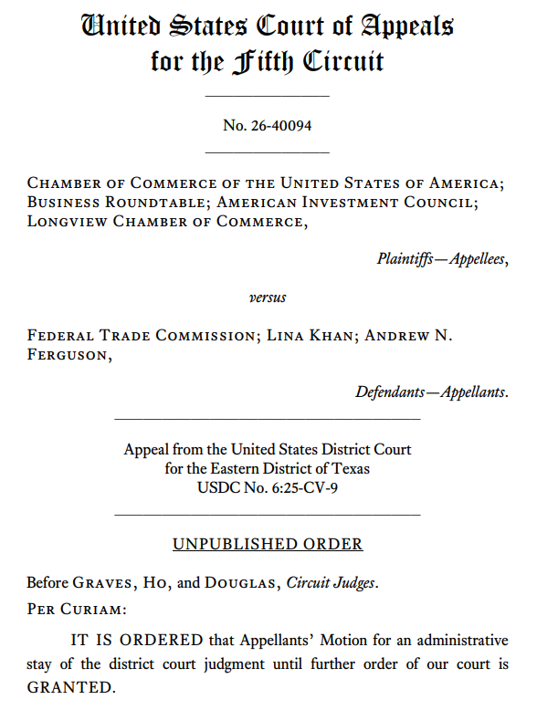AntitrustA's tweet photo. The "new" HSR Rules live for another day: The Fifth Circuit just granted the FTC’s motion for an administrative stay of the district court’s judgment vacating the FTC’s updated HSR premerger notification form requirements, pending further order of the court. https://t.co/0RAgC3sq1L