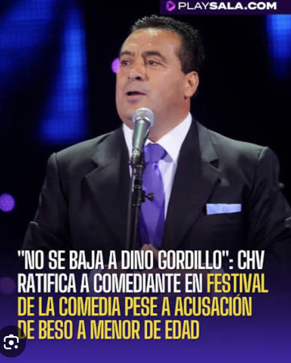 Una vergüenza que <a href="/chilevision/">Chilevisión</a> tenga en su parrilla del #FestivalDeLaComedia a transmitirse el 21 de febrero al degenerado abusador de menores Dino Gordillo y lo esté anunciando de manera masiva por sus pantallas, espero  que los otros humoristas como Bombo Fica o Mauro Palma se