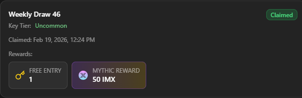🎉🔥WHAT A LUCKY RUN!🔥🎉

In the Weekly Draw 46 <a href="/Immutable/">Immutable</a> I got blessed once again and pulled a Mythic 50IMX😱✨

Feeling truly grateful!
Consistency is showing up… and so is the luck🍀
Join the squad at <a href="/OLAGuildGamesBR/">OLA Guild Games 🇧🇷</a> xD

#Immutable #Web3Gaming #GameFi #CryptoGaming