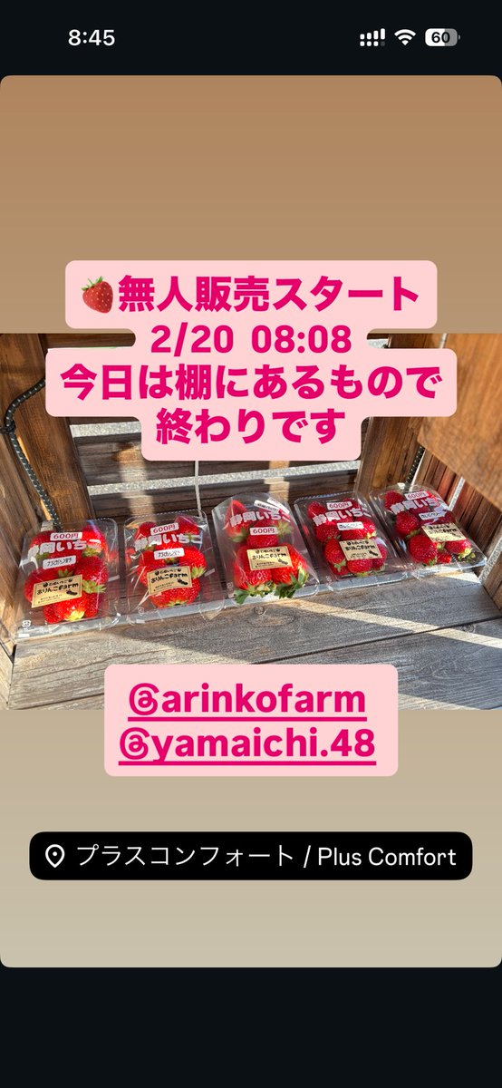 pluscomfort's tweet image. ありんこファームのいちご🍓無人販売スタート
2/20  08:08
今日は補充なしです
