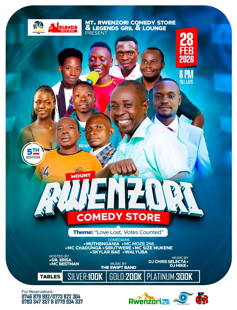 Let's all gather at Legends Grill Kasese for <a href="/MtRwenzoriCS/">Mt. RWENZORI COMEDY STORE</a> 
🗓 28th.Feb.2026

Theme: Love Lost, Votes Counted 
#MtRwenzoriComedyStore