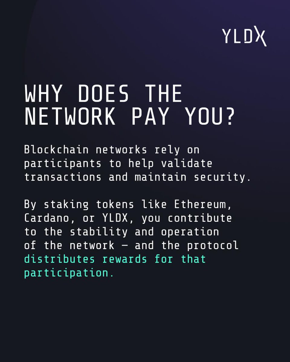 YLDX_ai's tweet photo. Staking is a way to earn rewards by putting your cryptocurrency to work instead of just holding it in your wallet.

Instead of letting your crypto sit idle, you lock it into a blockchain network — and in return, you receive rewards.

Swipe to learn more!
#YLDX #DeFi #Crypto #Blockchain #Web3 #Investing #Yield #Finance #SmartContracts #Stablecoins #Ethereum #Bitcoin #BNB #SOL #XRP #ADA #AVAX #DOT #TRX #LINK #DOGE #LuxuryFinance #PassiveIncome #CryptoFund #TokenizedAssets #DigitalWealth #AITrading #CryptoInvestments #HedgeFund #LiquidityPool #DeFiEcosystem #CryptoYield #WealthManagement #FinTech #Innovation #Moonshot #NextGenFinance #CapitalGrowth #YLDXLLC #CryptoPortfolio #FinancialFreedom