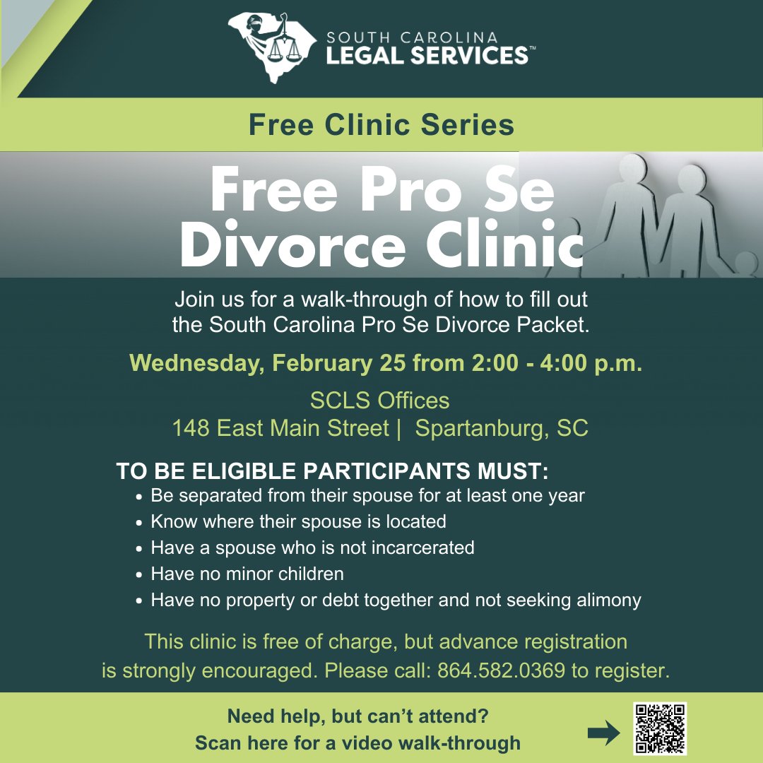 sclegalservices's tweet image. Join SCLS on February 25 in our #Spartanburg office for a walk-through on how to fill out the South Carolina Pro Se Divorce Packet. This clinic is free of charge, but advance registration is required. Please call 864-582-0369 to register.
#FreeClinic
#divorce