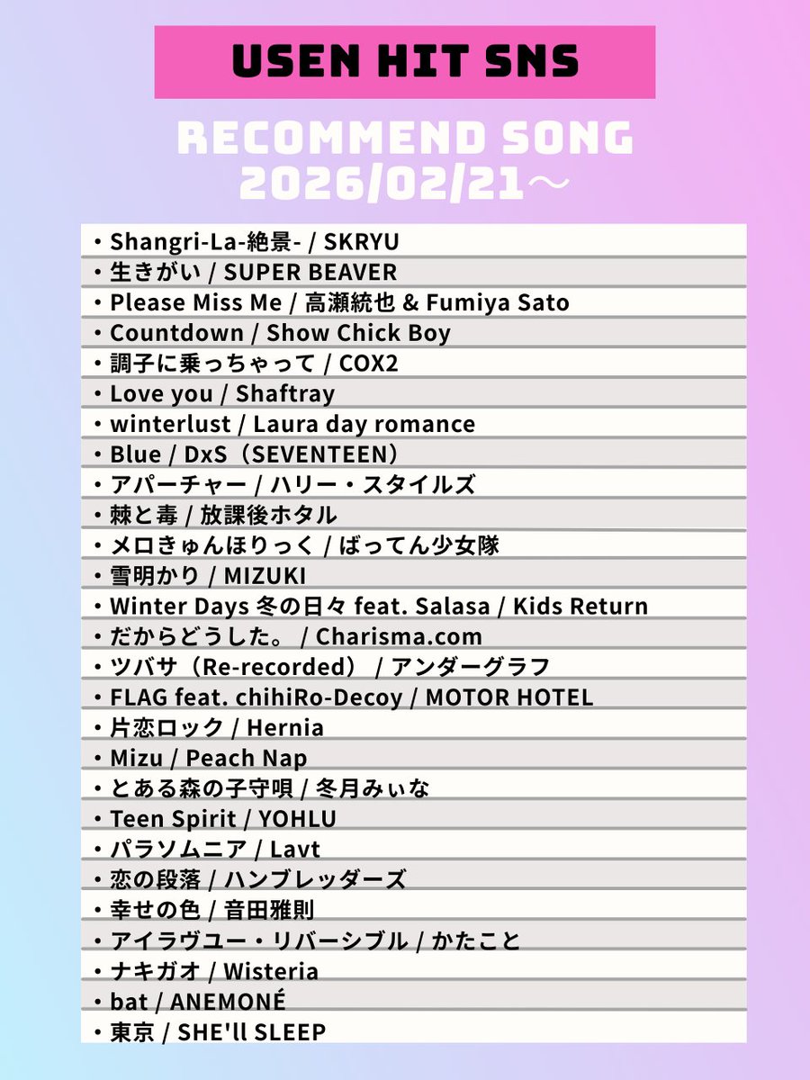 USEN_HITS's tweet image. 【2/21〜のUSEN HIT SNS注目曲】
気になるアーティストがいたらリポスト🥰