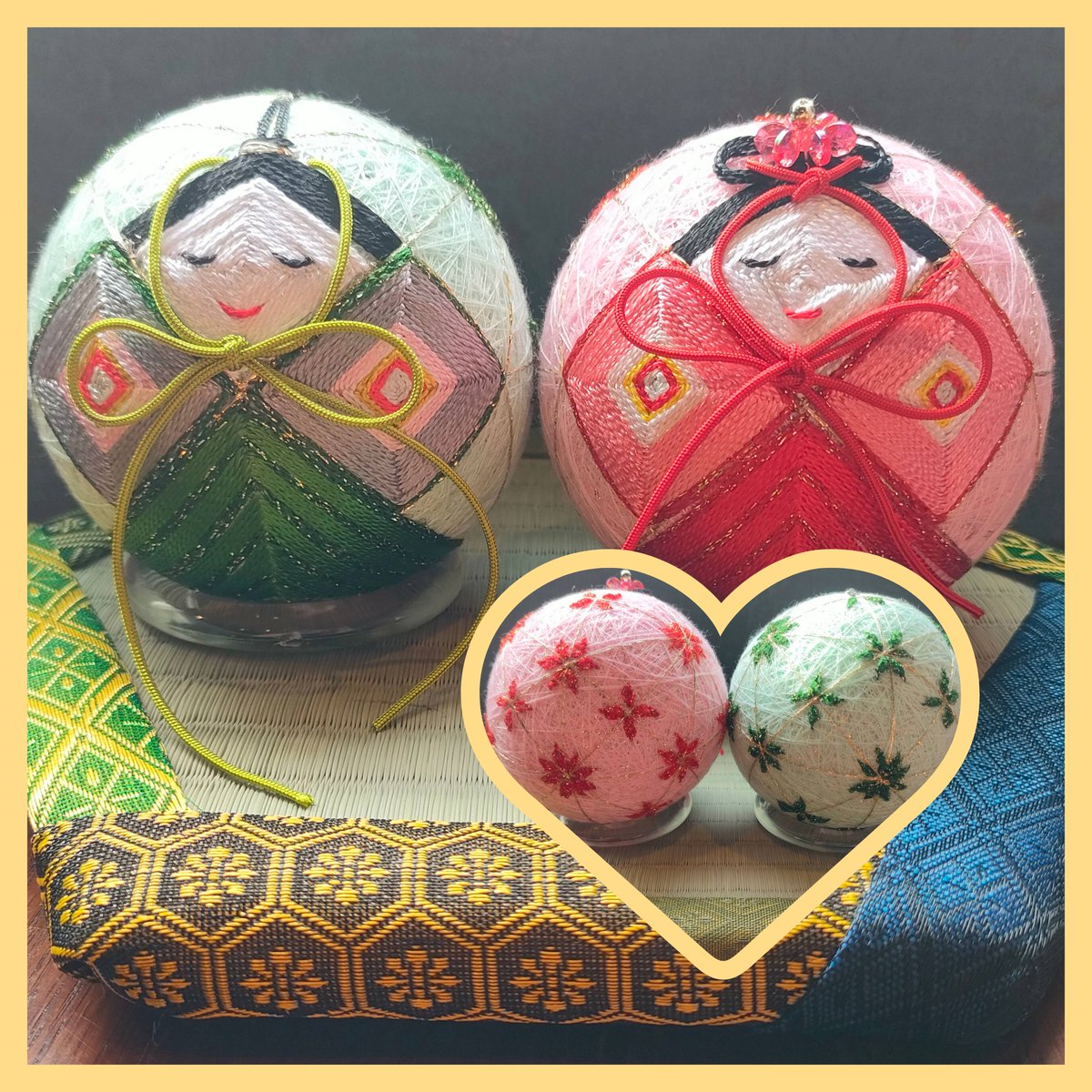 mayuk024's tweet photo. お雛様の手まりが完成🎎✨
週末から市内の施設で展示するので間に合ってよかった💦後ろにもお花のレゼーデージーステッチをいっぱい入れてるので、仕上がりまでなかなか大変だった🥹畳は、娘が学校で作ってきたもの🏫ぴったりだったのでもらっちゃった😍この連休は残りの展示作品を完成させなきゃ😹🪡 https://t.co/2CRwzwAKbR