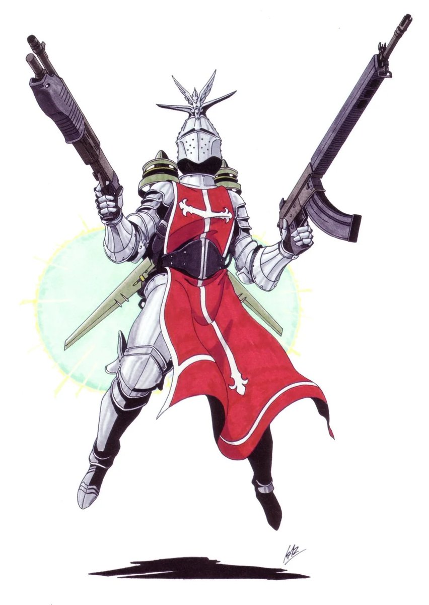 近未来SFとファンタジーの融合案として、『真女神転生2』のターミネイターは外せない。
西洋甲冑で固め背中のイオンクラフト（？）で浮遊し、異端者をアサルトライフルとショットガンでせん滅する…
このデザイン見た時は…ものすごい衝撃でした！