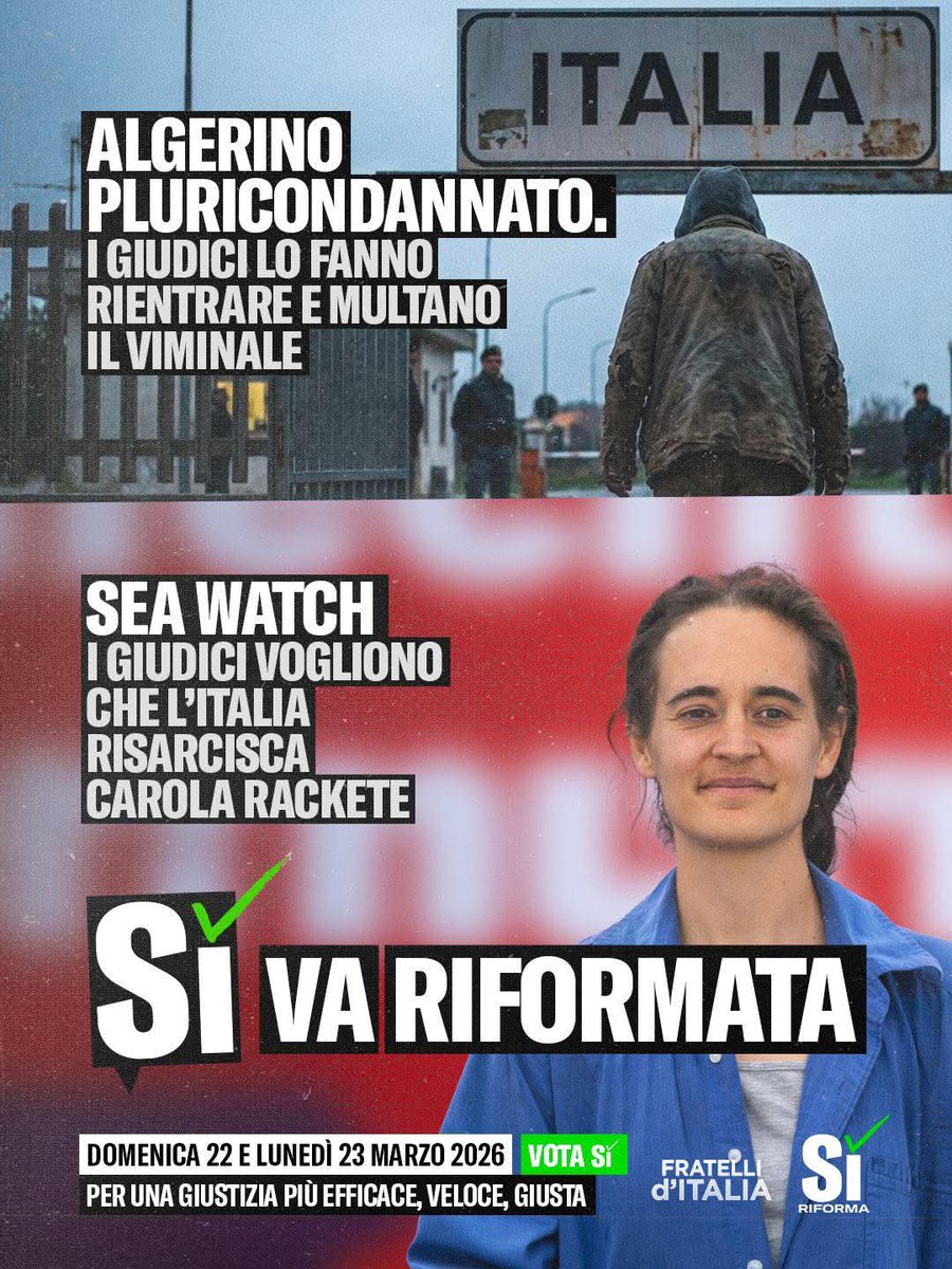 FaniSimonu34434's tweet image. Buona notte !
NON c'é 2 senza 3 !
Dopo la liberazione del #criminale algerino ed il risarcimento di 76 mila eu alla #SeaWatch (#Rackete, 2019), abbiamo ora la revoca del FERMO della #SeaWath5, dal Tribunale di #Catania.
La ONG ESULTA.
VOTIAMO #SÍ contro la 3a
INFAMIA dei #giudici