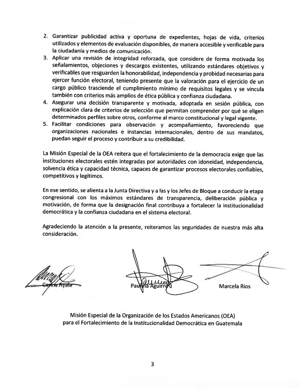 La Misión Especial de la <a href="/OEA_oficial/">OEA</a> para el Fortalecimiento de la Institucionalidad Democrática en #Guatemala remitió una carta al Congreso de la República sobre la elección de magistraturas del Tribunal Supremo Electoral.

La comunicación enfatiza que esta designación debe
