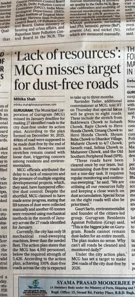 GauriSarin's tweet photo. The thoughtless month wise dust free roads plan submitted by @MunCorpGurugram to the @CAQM_Official must be laughed at because its the opposite of planning and execution a body must do. To imagine majority of roads wikl remain dusty through the year itself is ridiculous. @Suhelseth @SonalGemi @Namratakilpady @cmohry @byadavbjp #AccountableGovernance is need of the hour ! 
@GRAPGurugram demands review of plans immediately and build capability to deliver @ulbharyana @Haryana_spcb