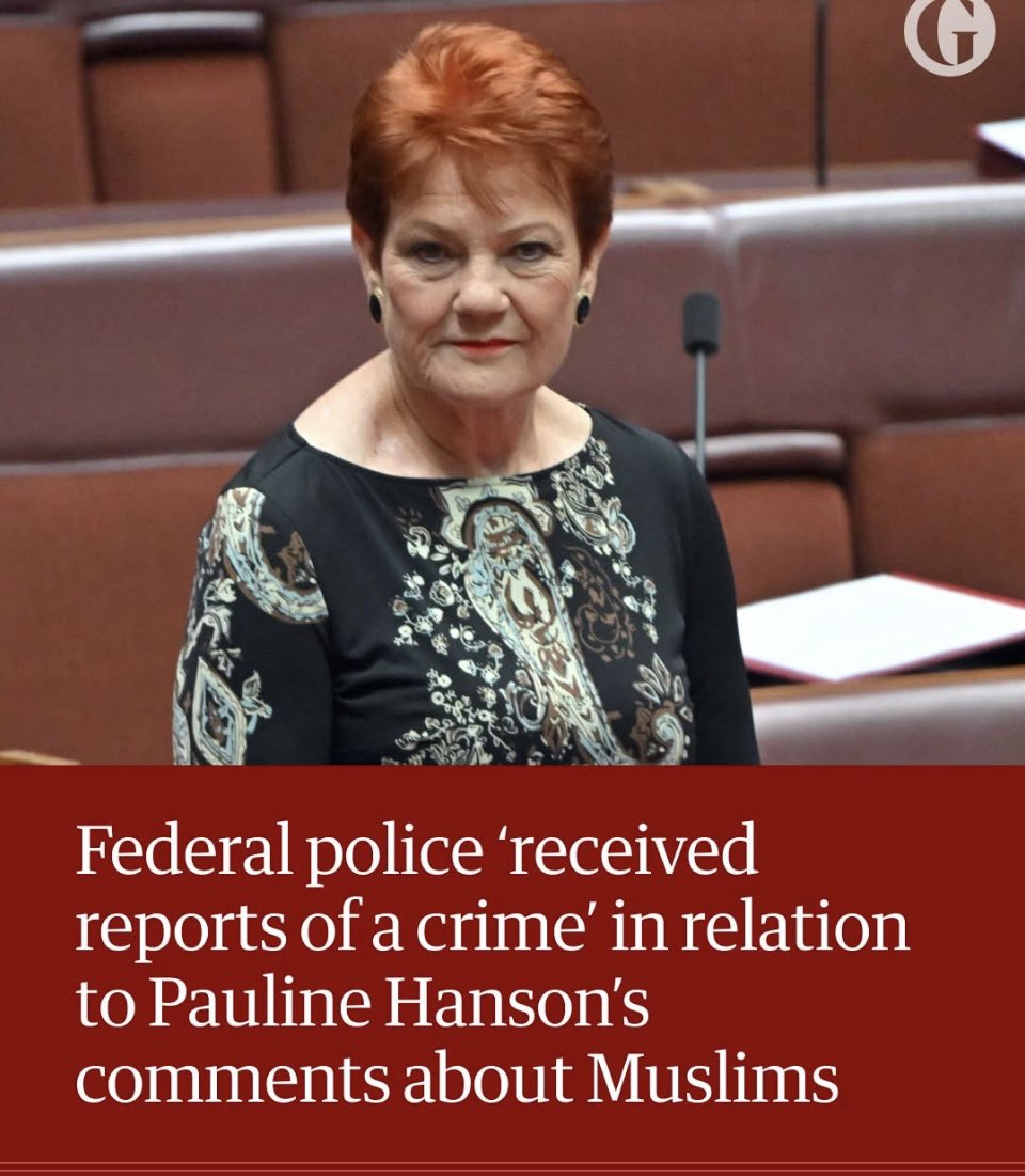 🔥 BREAKING 🔥

Muslims want Pauline Hanson charged.

So we should charge Muslims for calling for death to Australia, to the White race etc..

Do you know how many death threats many of us receive from these people. 

But now they are offended because people are speaking about