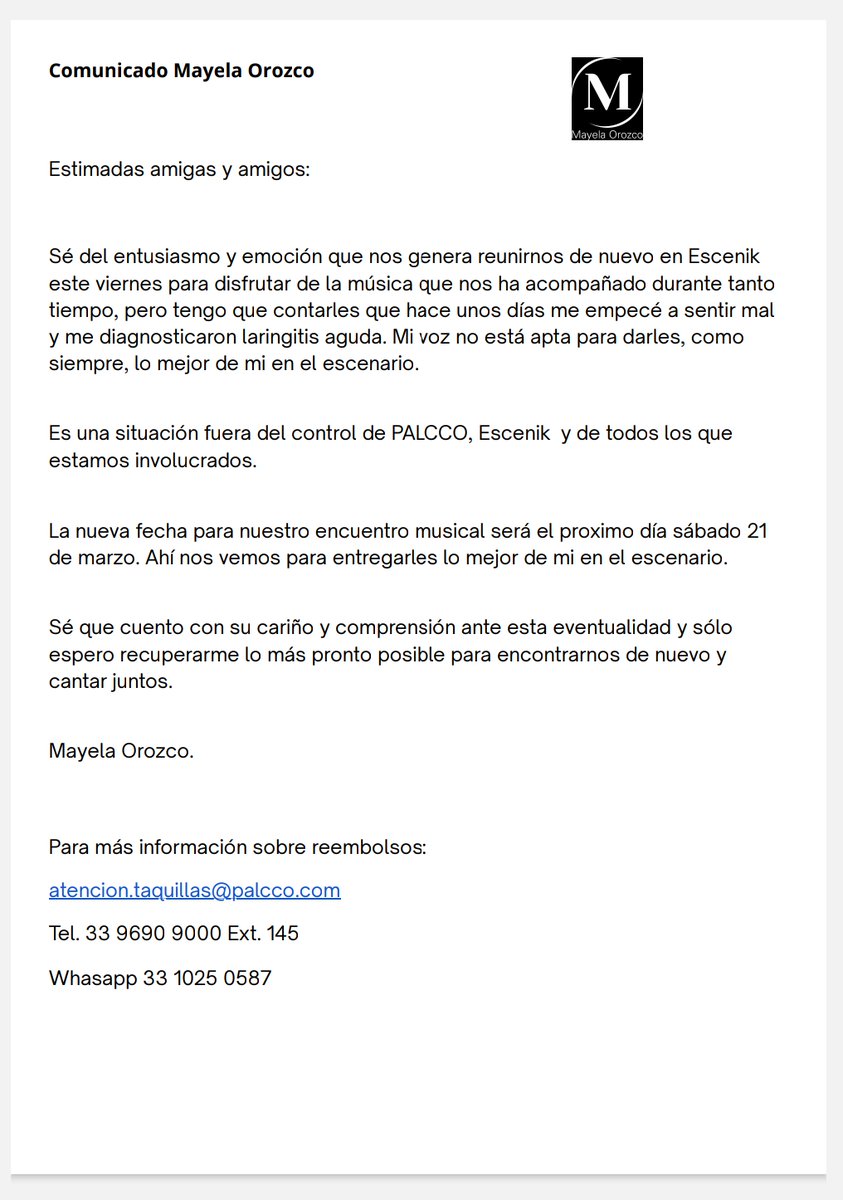 Por motivos de salud, Mayela Orozco reprograma su presentación en Escenik para el próximo sábado 21 de marzo.