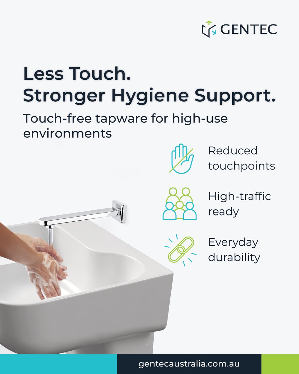 GentecAustralia's tweet photo. Less touch. Stronger hygiene support. 

GENTEC touch-free solutions are designed for reliable performance, durability, and suitability for high-traffic amenities.

• Touch-free tapware range -https://t.co/JhE9LtrvCb
• Product specification catalogue – https://t.co/RBpCqoQ1al https://t.co/3Ejd7nxtKd