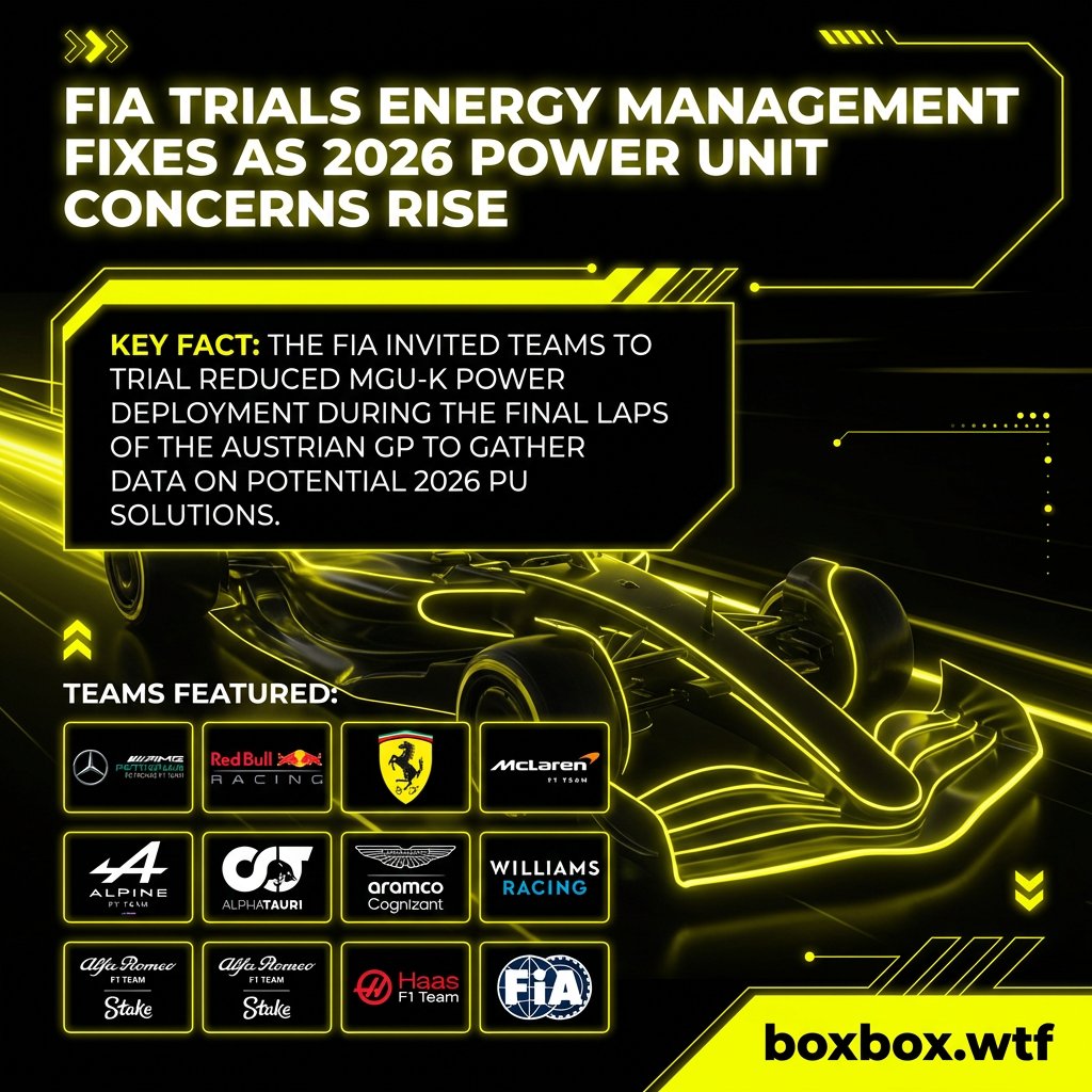 degrandpri40240's tweet photo. 🏎️ FIA Trials Energy Management Fixes as 2026 Power Unit Concerns Persist Across Grid

The FIA invited teams to trial reduced MGU-K power deployment during the final two days of B

#F1 #Formula1 #F12026 #All11F1teams #FIA #boxboxwtf #GrandPrix https://t.co/U0Rebz5IYd