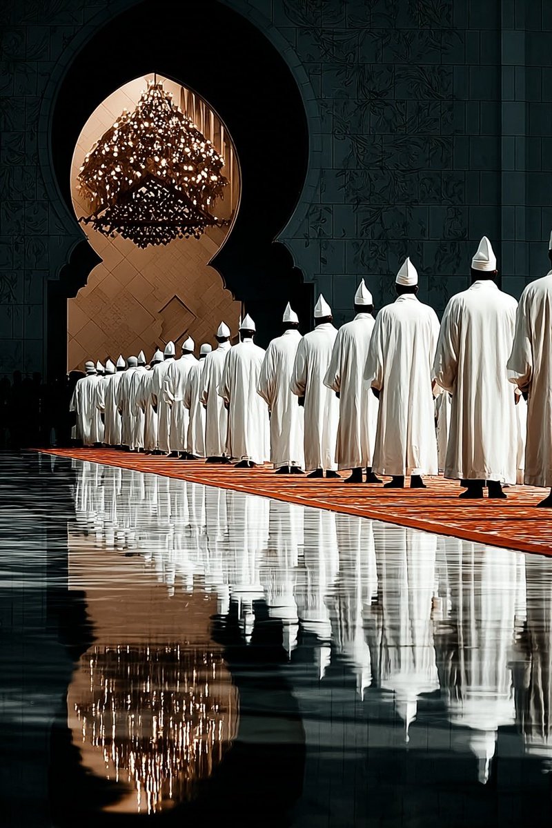 Good morning

shoulder to shoulder—
white robes folding like pages
of the same unfinished book.
No one speaks.
The silence does the speaking.
Light spills from the arch
like a held breath released,
golden and patient.
It does not rush them.
It waits.
Their backs form a horizon—
a