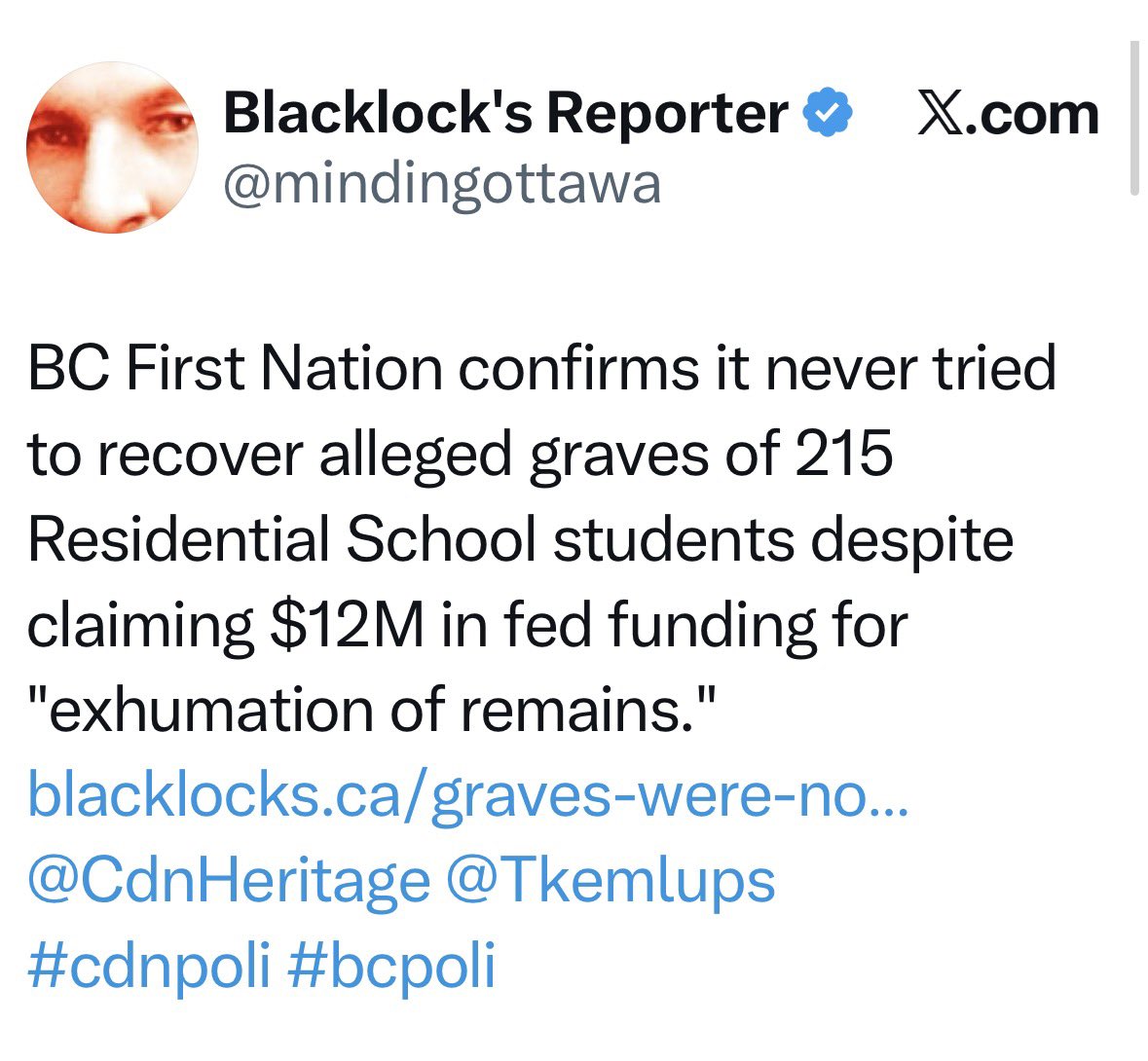 BC First Nation confirms it never even tried to recover alleged graves of the 215. 

THEY. NEVER. EVEN. TRIED. 

120+ churches burned. All based on a false claim.