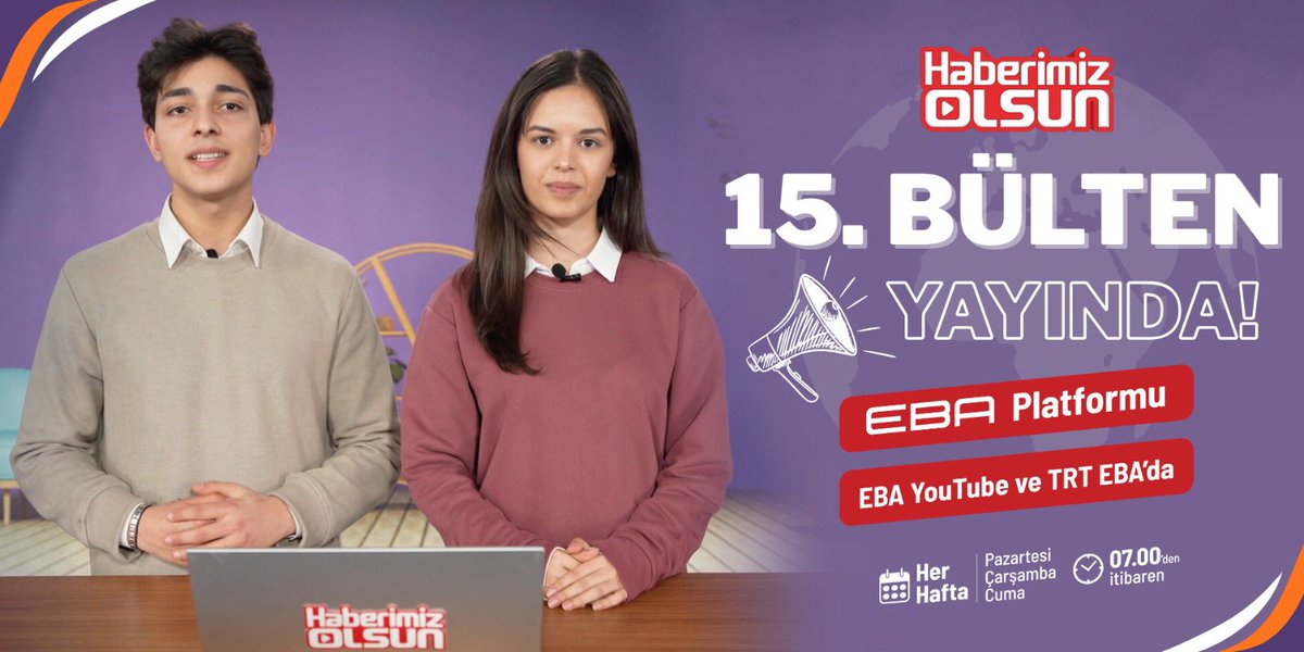 📺 “Haberimiz Olsun”, Yeni Bülteniyle Yayında

📚 “Destekleme ve yetiştirme kursları”nda ezber bozan yeni bir dönem başlıyor.

🚀 Türkiye’nin yerli ve millî teknoloji hamleleri, “Teknoloji Yolculuğumuz” EBA’da.

🚁 Doğayı korumak için gökyüzüne teknoloji taşıyan gençler ve çok