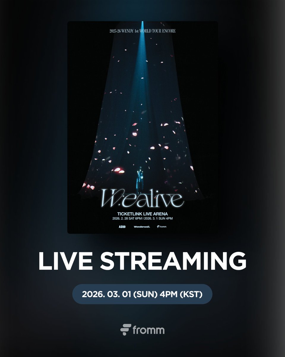 [📢]
𝟮𝟬𝟮𝟱-𝟮𝟲 𝗪𝗘𝗡𝗗𝗬 𝟭𝘀𝘁 𝗪𝗢𝗥𝗟𝗗 𝗧𝗢𝗨𝗥 <𝗪:𝗘𝗔𝗟𝗜𝗩𝗘> 𝗘𝗡𝗖𝗢𝗥𝗘 𝗟𝗜𝗩𝗘 𝗦𝗧𝗥𝗘𝗔𝗠𝗜𝗡𝗚 𝗢𝗣𝗘𝗡 🎉

🔗 bit.ly/4qKfFCM (멤버십 ONLY)
🔗 bit.ly/3MSWRU7

📅 라이브 일정
2026.03.01 (SUN) 4PM (KST)

💙 구매자 전원 라이브 스트리밍 이용권