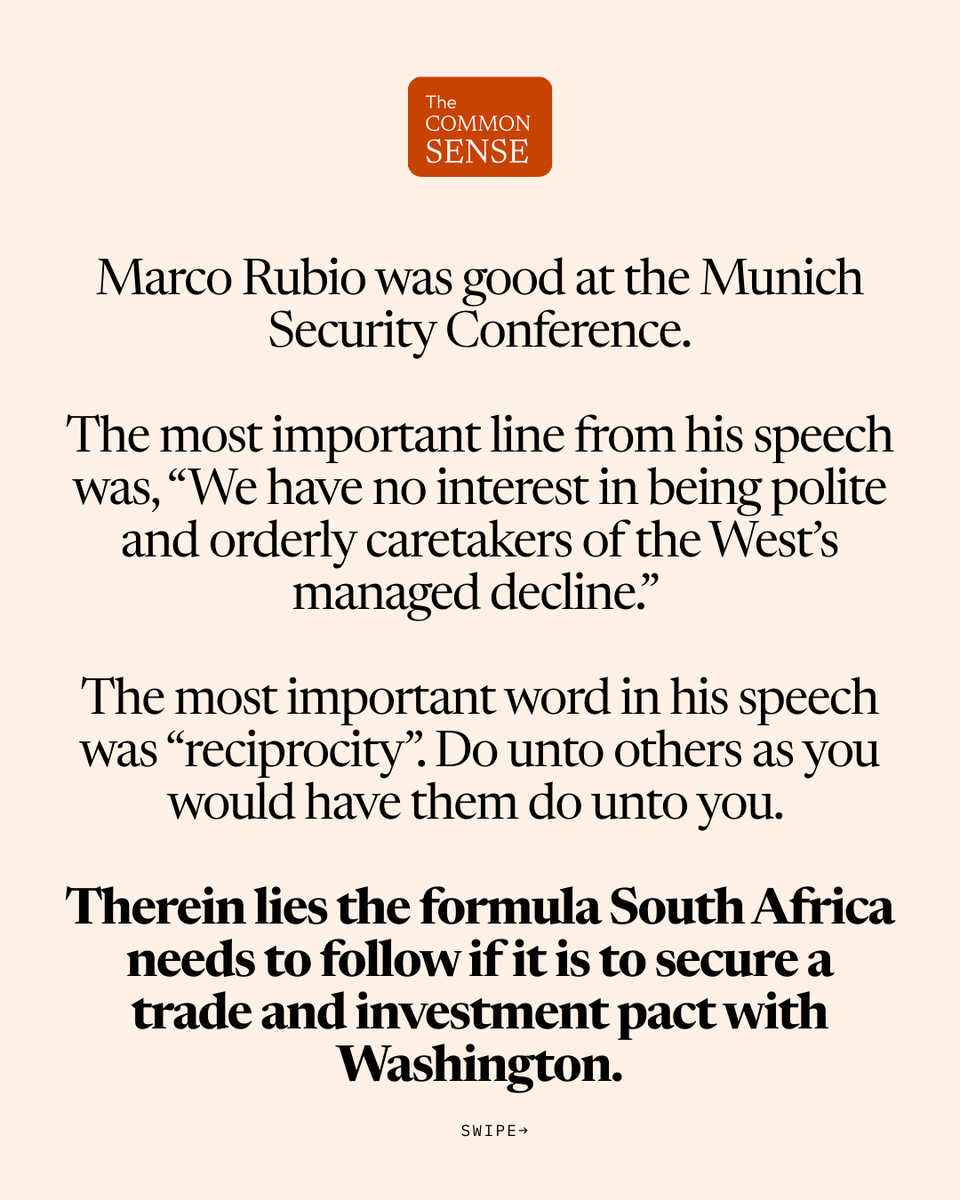 CommonSense_ZA's tweet photo. Marco Rubio made a strong impression at the Munich Security Conference last week. He stressed “reciprocity” as the guiding principle for trade and investment, a lesson South Africa cannot ignore.

With US politics in flux, Pretoria may think it has leverage, but building a solid pact with Washington still demands careful engagement.

Read more in this week’s Diary with the link below.

#TheCommonSense #SouthAfrica #USRelations #Trade

https://t.co/pyaACvdTN0