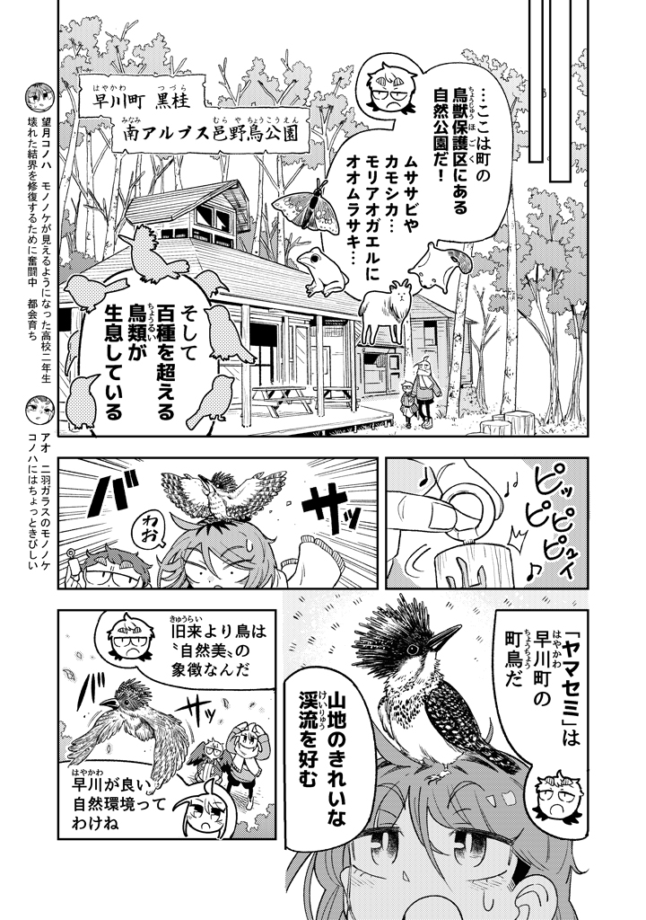 🐦‍⬛スピンオフ漫画更新🐦‍⬛

南アルプス邑 野鳥公園では年間100種類以上の野鳥が観察できます🐦🔍

早川町の「町の鳥」ヤマセミや絶滅危惧種のクマタカの他に、
ムササビやカモシカなどの様々な野生生物が生息しているんですよ～！

早川町モノノケ探訪記「自然美の象徴」