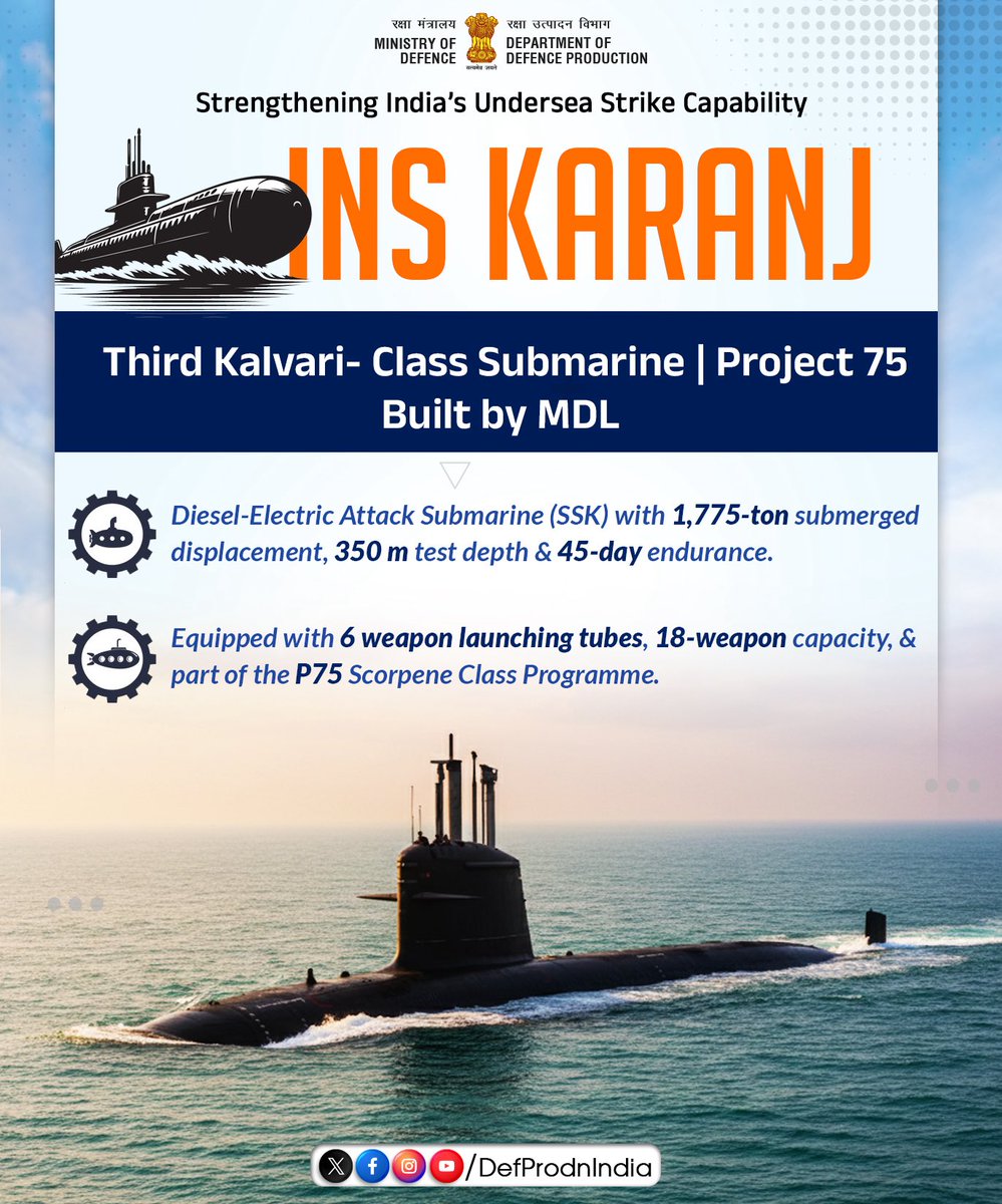 Silent beneath the waves, decisive in purpose.

#INSKaranj, the third Kalvari-class submarine under #Project75, marks a decisive step towards #Aatmanirbharta.

Built at Mazagon Dock Shipbuilders Limited, INS Karanj reinforces India’s transition into a true builder’s navy.

🔸