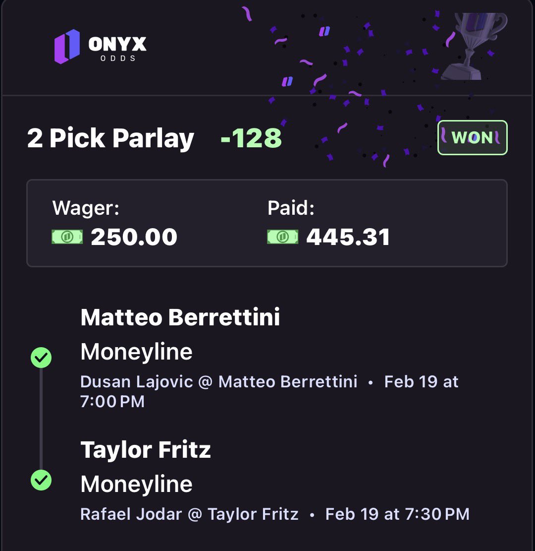 CASH IT ✅

🎾 Matteo Barrettini ML ✅
🎾 Taylor Fritz ML ✅

GET ALL MY PLAYS HERE ⬇️

whop.com/breakpointlocks

#Gambling𝕏 #BettingCommunity #Tennis #OnyxOdds #TennisPicks