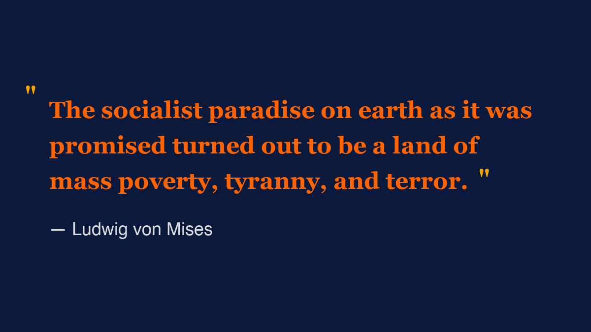 Handre's tweet photo. Mises witnessed firsthand how the beautiful promises of socialist intellectuals crumbled into gulags, bread lines, and secret police. From the Soviet Union to Venezuela, the pattern never changes: revolutionaries promise equality and deliver equal misery for all except the ruling class. The tragedy isn't just economic collapse—it's that each generation of academics and politicians believes they'll be different, that their socialism will somehow avoid the iron laws of economics and human nature that Mises identified decades ago.