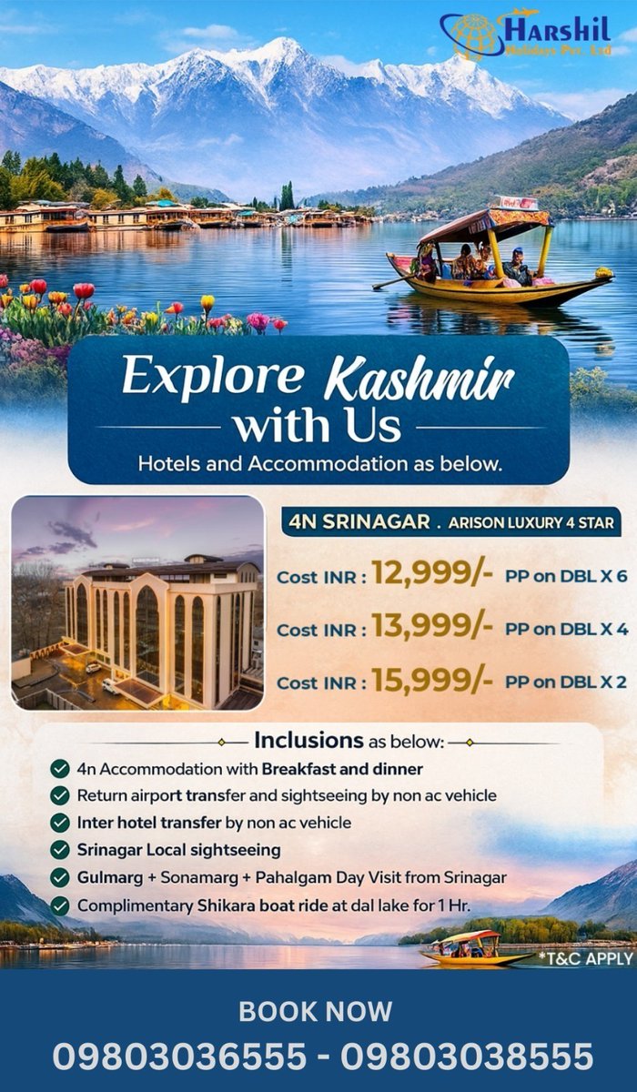 HarshilTravel's tweet photo. ✨ Explore the Heaven on Earth – Kashmir with Us! ✨

Dreaming of snow-capped mountains, serene lakes, colorful tulips, and peaceful Shikara rides? 🌸🏔️ Now is your chance to experience the magic of Srinagar, Gulmarg, Sonamarg &amp; Pahalgam with our exclusive 4N Kashmir package! https://t.co/DGdR1Bh6dC