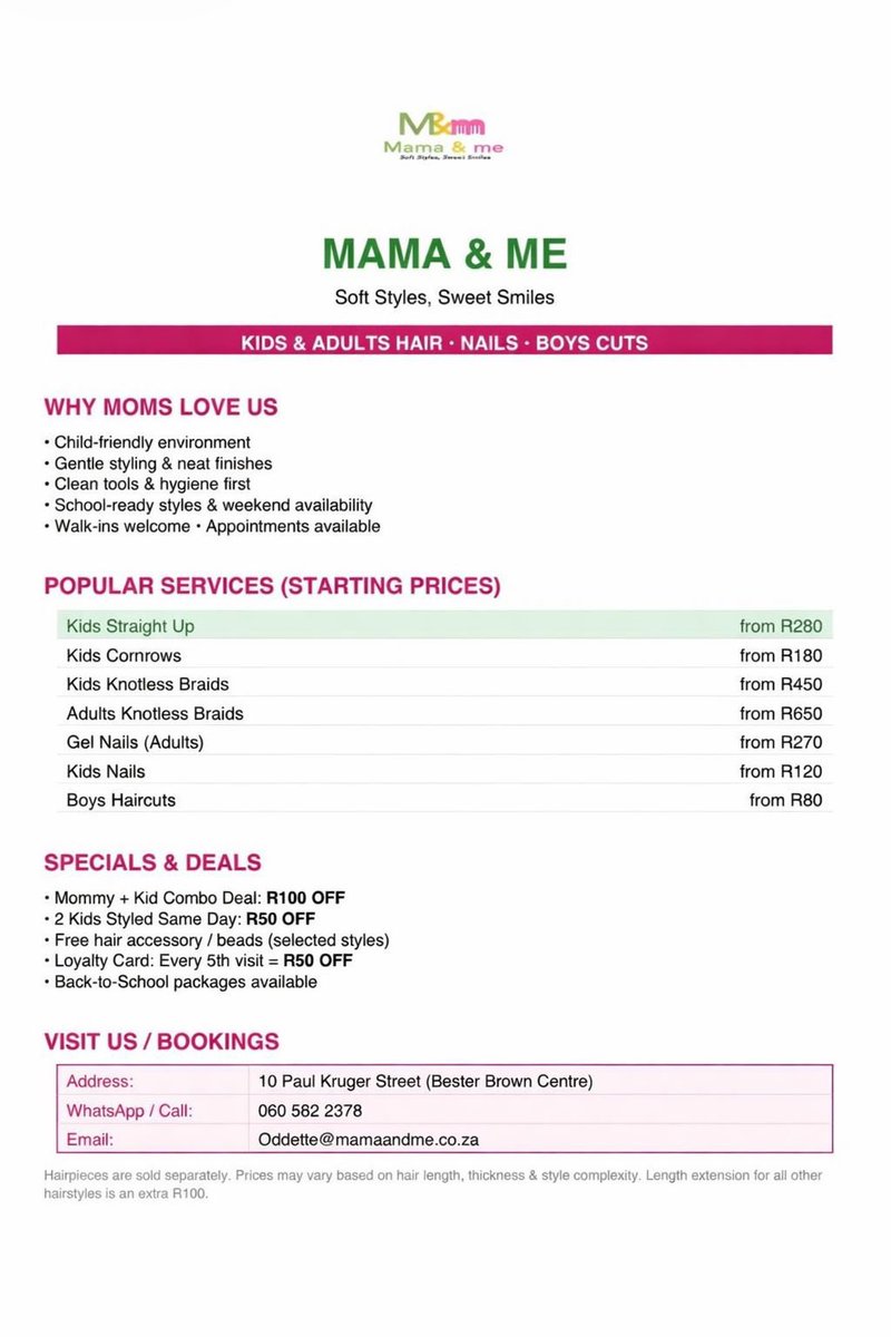 oddettem's tweet photo. MAMA & ME IS OFFICIALLY OPEN! 💖

Nelspruit moms, it’s finally here. A salon made for both mommy and baby.

Bring your little one for neat, gentle, school-ready styles, while you get pampered too. One stop. One booking. One beautiful experience.

✨ Braids (Kids & Adults)
✨ Straight Up & Cornrows
✨ Gel Nails (Adults & Kids)
✨ Boys Haircuts
✨ Walk-ins Welcome

📍 10 Paul Kruger Street (Bester Brown Centre)
📞 WhatsApp/Call: 060 582 2378

Come through and let’s get you and your mini looking fresh. 💅🏽🎀