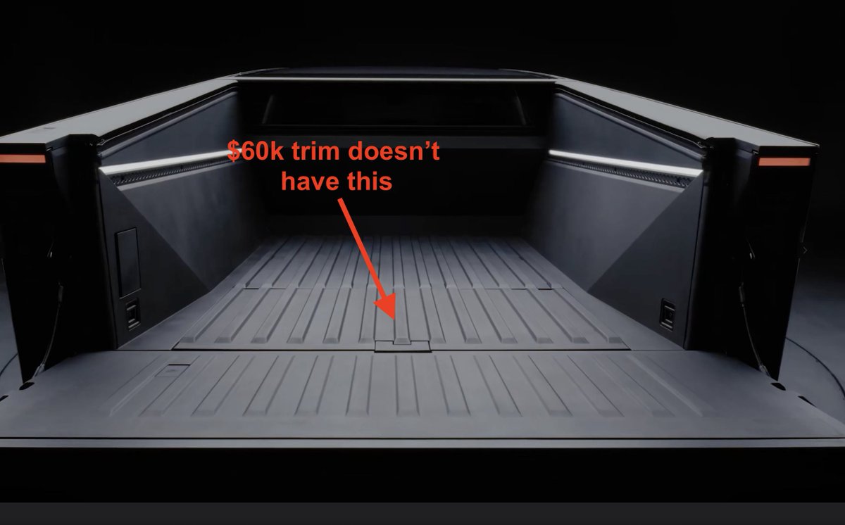 SawyerMerritt's tweet image. To clear up any confusion, the new $60k dual-motor AWD Cybertruck comes with the same motorized hard tonneau cover as the higher-priced trims (shown on left). The difference is that this $60k trim does not include the vault bed storage area (shown on right), and comes with
