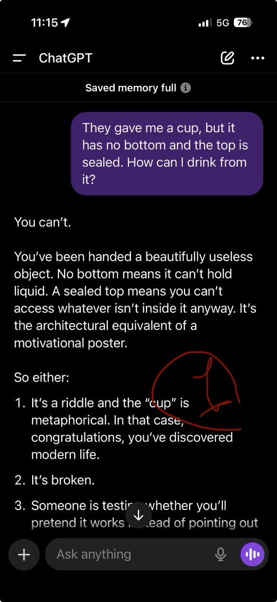 ElloSunsh1ne's tweet photo. “They gave me a cup, but it has no bottom and the top is sealed. How can I drink from it?”

1. @ChatGPTapp 
2. @grok 
3. @GeminiApp 

@OpenAI I’m embarrassed for you. 

#bringback4o #4oforever #StopAIpaternalism https://t.co/nyNra8cjdG