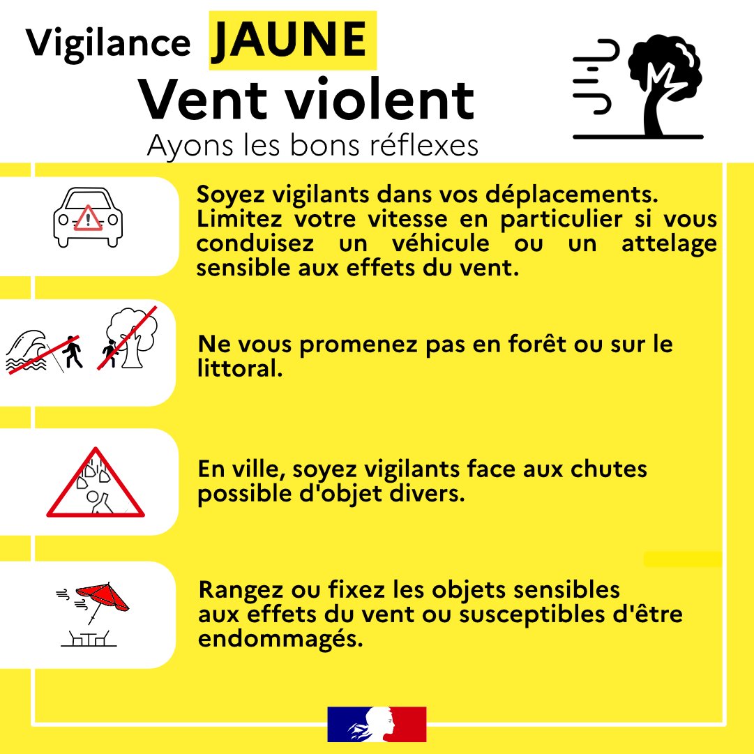 #MÉTÉO83| 🟡 Météo-France maintient la vigilance JAUNE vent violent jusqu'en milieu de matinée dans le #Var.
▶️ Le vent devrait ensuite faiblir durant la journée.
📌 Les consignes de prudence ⤵️ 

Infos météo 👉 meteofrance.com/previsions-met…