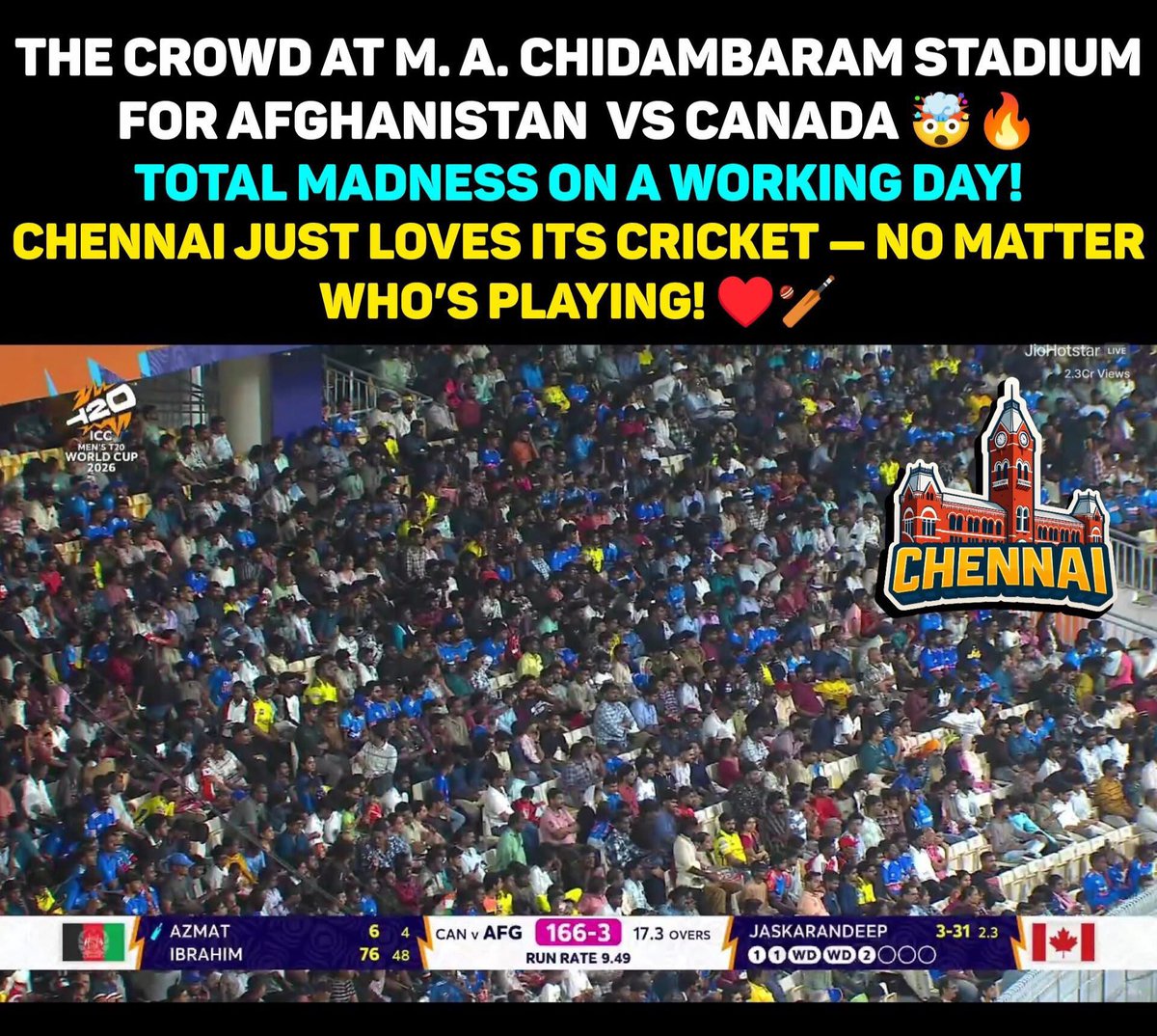 memeschennai's tweet photo. THE CROWD AT M. A. Chidambaram Stadium 🤯🔥
Afghanistan 🇦🇫 vs Canada 🇨🇦 — and Chepauk is PACKED!
On a working day. This is pure cricket madness! 🏏💛
Chennai doesn’t need a reason to show up for the game.
#Chepauk #Chennai #AFGvsCAN #CricketMadness #StadiumScenes #CricketLovers #MatchDayVibes #WorkingDay #FanPower