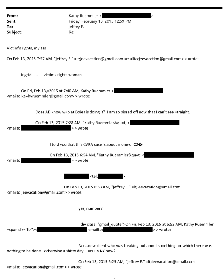 MarioNawfal's tweet image. Kathy Ruemmler, Obama's former White House Counsel, to Epstein, February 2015: "Victim's rights, my ass."

She told Epstein the CVRA case filed by his victims was "about money," asked if Alan Dershowitz knew who at Boies' firm was handling it, and said she was "so pissed off now