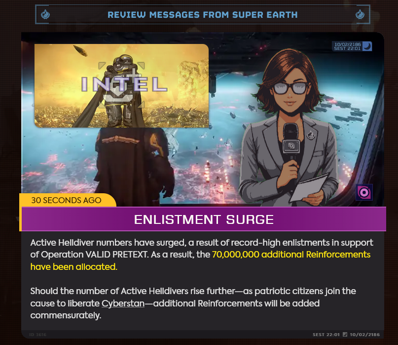 To articulate what I have discovered about Cyberstan and Liberation as a whole in Helldivers 2, and how stupid it is.

This is the exact moment we lost taking Cyberstan, if we had any at all.

When player numbers spiked, the effects of everyone's missions were diminished to or