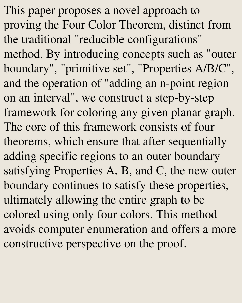 Approach to proving the Four Color Theorem

Dagong Ding
arxiv.org/abs/2602.16996 [𝚖𝚊𝚝𝚑.𝙶𝙼]
