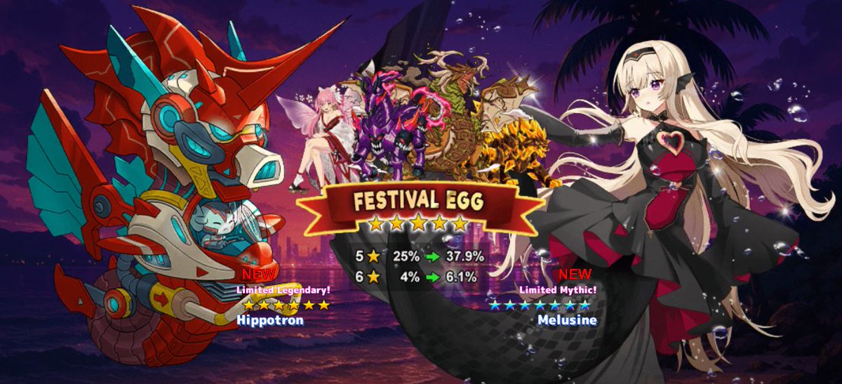 Neo_Monsters's tweet image. 🎊Legend Festival Has Started
🔸[NEW] Mythic Monster🔸Melusine
🔹[NEW] Legendary Monster🔹Hippotron
⏰Hatch Period⏰Feb 20 3:00AM ~ Mar 2 1:59AM (UTC)
🔥Available now at an increased chance up rate for a limited time only!  #NeoMonsters #Androidgames #iosgames