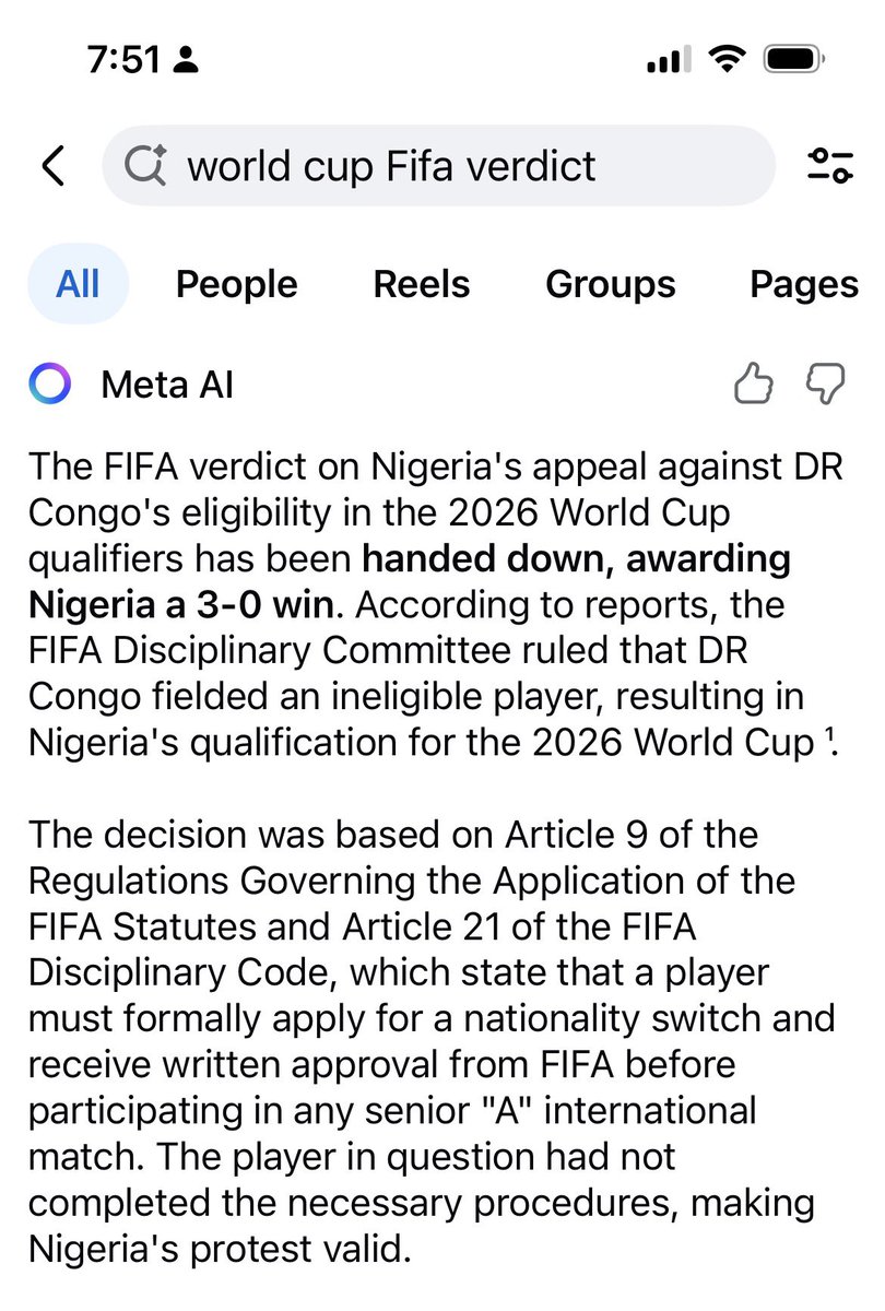 BREAKING NEWS🚨

FIFA has finally ruled on the case between Super Eagles of Nigeria and DR Congo.