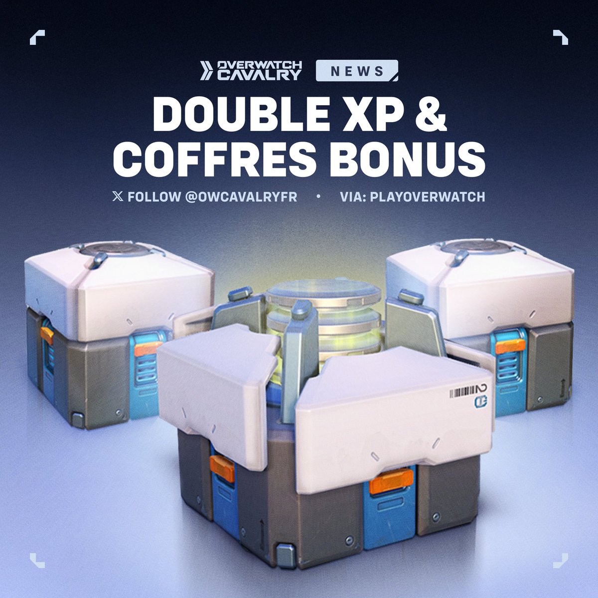 Nouvelles récompenses gratuites sur #Overwatch ✨

Profitez du Double XP tout le week-end et connectez-vous afin de recevoir 5 coffres bonus pour célébrer le succès de la Saison 1.

🗓️ Disponible à partir de 20h ce soir