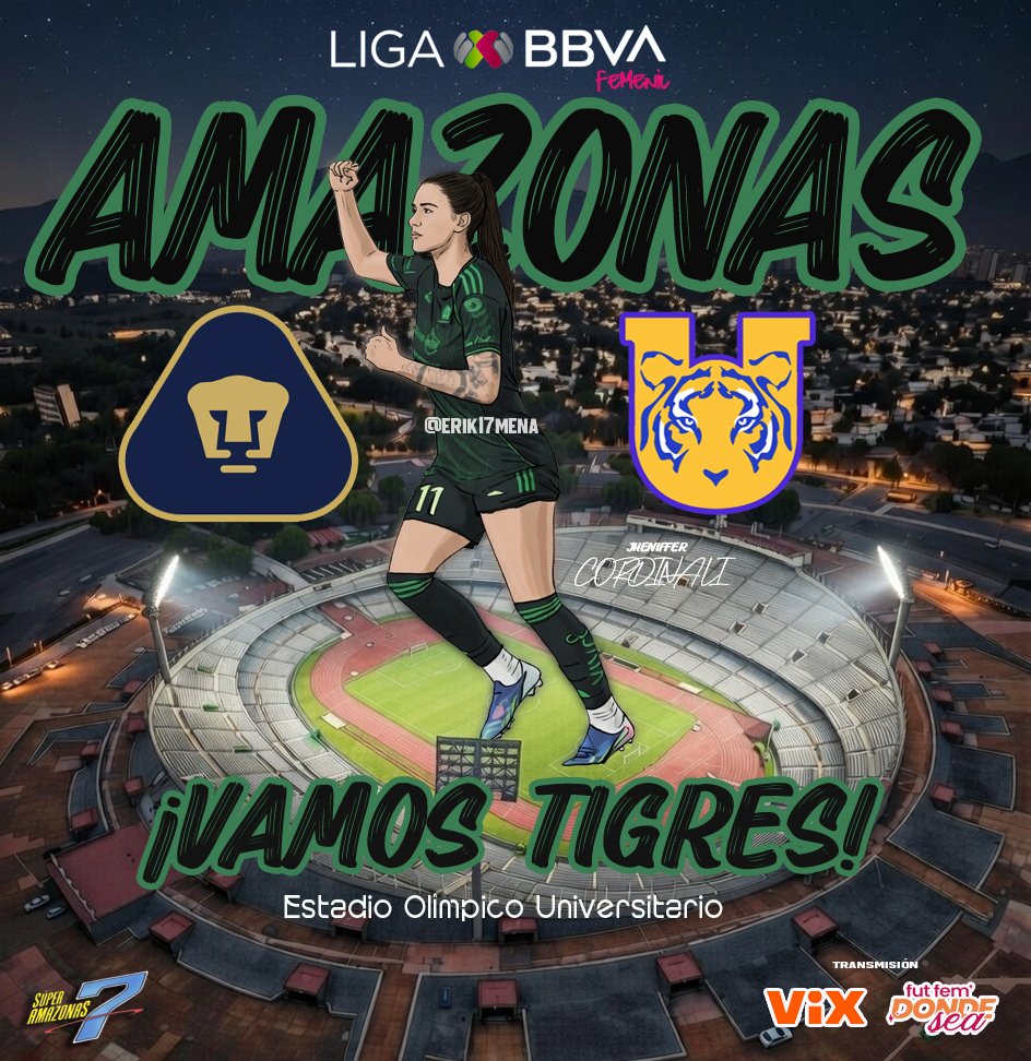 Mañana juegan las campeonas, las de la U. 🤩

J10 / CL26 Liga BBVA Femenil
⚽ Pumas 🆚 <a href="/TigresFemenil/">Club Tigres Femenil 🐯</a> 
🏟️ Olímpico Universitario
🕓 18:00 hrs
📺 ViX &amp; FutFemDondeSea

¡Vamos Tigres! Por los 3 pts 🐯👊
<a href="/JCordinali9/">Jheniffer :)</a> <a href="/DinastiaTigre/">Dinastía Tigre</a>
