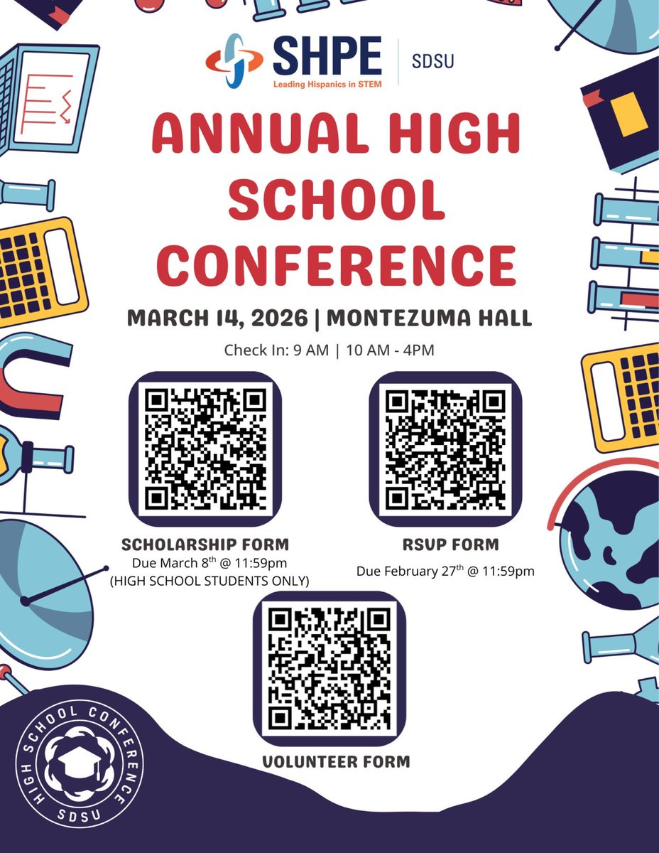 We Need Your Help!
1️⃣ Spread the Word

Please share this opportunity with high school students interested in STEM, as well as teachers, counselors, and parents. 

2️⃣ Volunteer With SHPE SDSU

We’re looking for support workshops, mentor students, and assist with logistics.