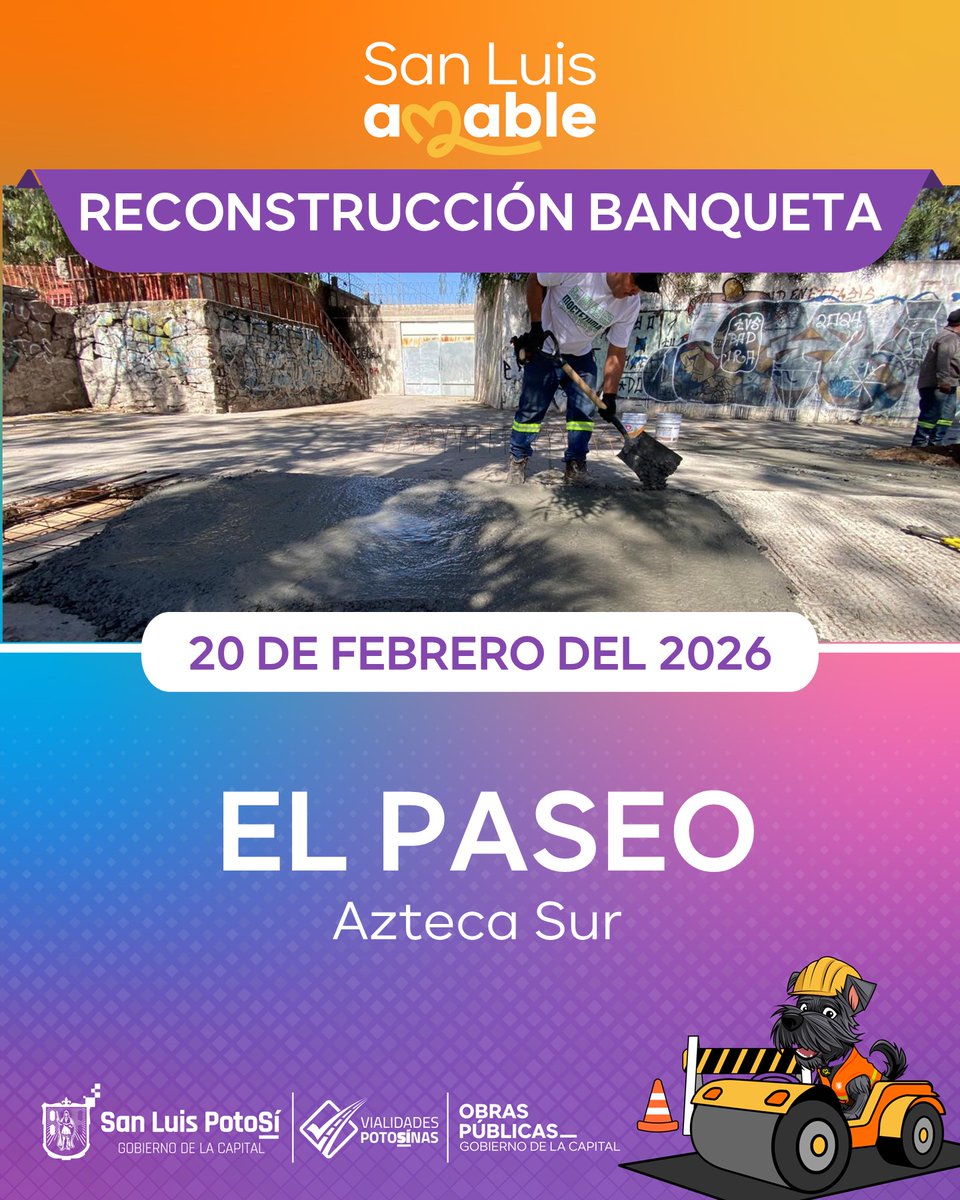🌤️ ¡Excelente viernes! 🚧 Vamos #PorBuenCamino con #ObrasMunicipales hoy 20 de febrero

¡Gracias por tus reportes que envías por WhatsApp a 🐶 Güicho!
📲: 444 165 3081 🙌🏼

Consulta aquí la programación de hoy ⬇️
#SanLuisAmable #ObrasMunicipales #VialidadSLP