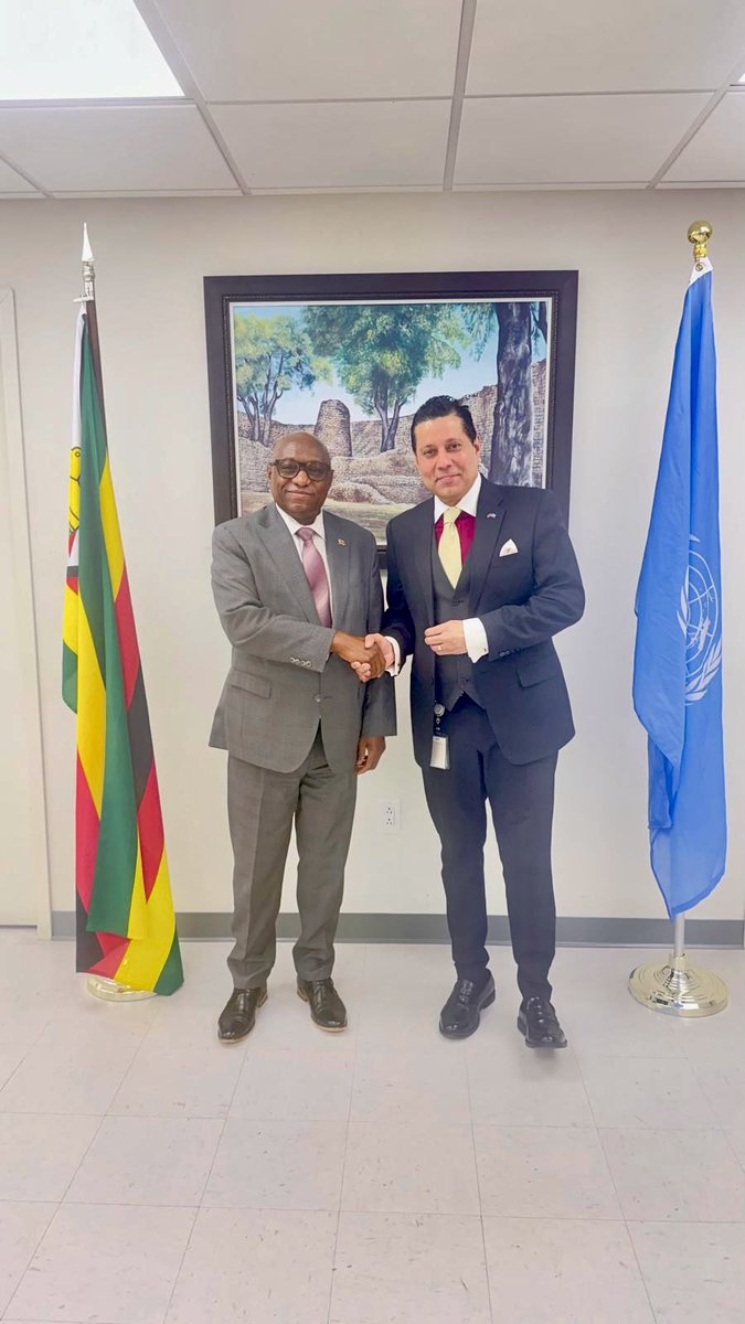 zimbabwe_un's tweet photo. Ambassador Mushayavanhu held a meeting with the Permanent Representative of Trinidad and Tobago to the United Nations, Ambassador Dr. Neil Parsan, during which they exchanged views on their respective candidatures for election to the United Nations Security Council for the term 2027 to 2028. The discussion also addressed prospects for enhanced cooperation within the A3+ framework as a means of fostering coordinated engagement and cross-regional collaboration in the work of the Security Council.🇿🇼🤝🇹🇹