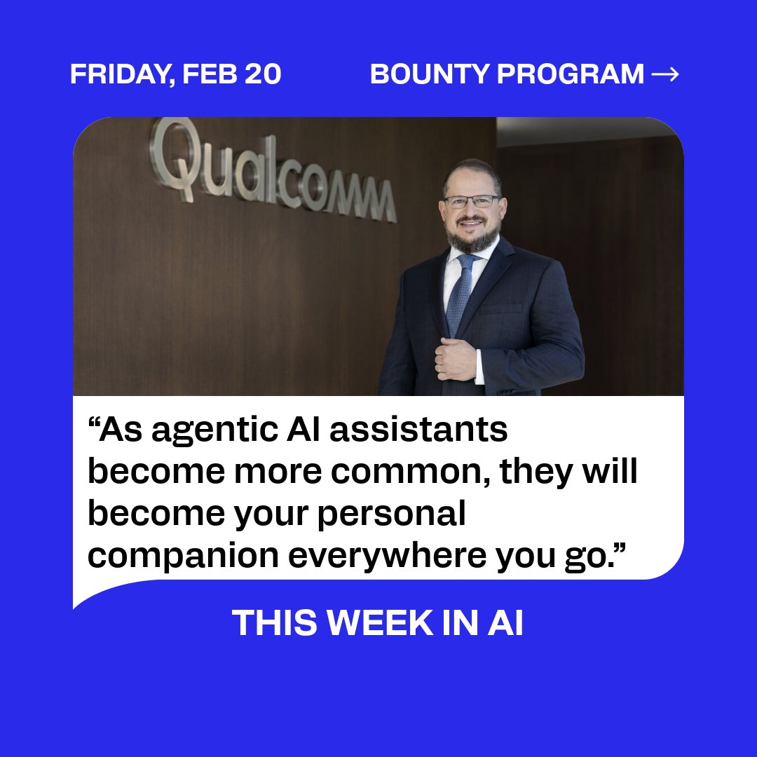 Qualcomm's tweet photo. This Week in #AI: 

@cristianoamon shares perspective on AI’s next chapter with @ForbesIndia, @nexa_ai Bounty Program receives over 100 applications, advances in #6G innovation, and Qualcomm’s robotics at #IndiaAIImpactSummit2026.