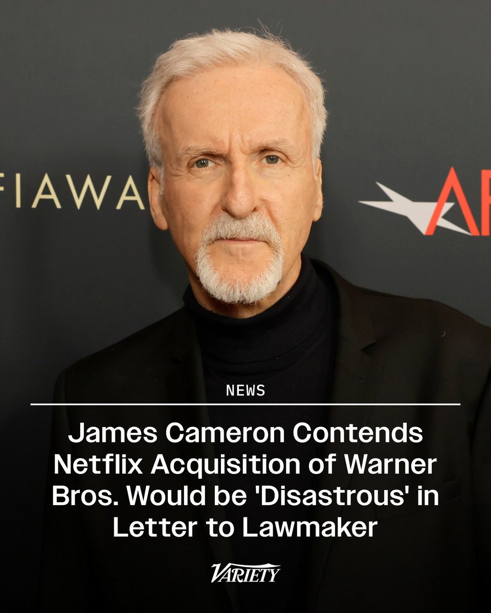 Variety's tweet image. James Cameron wrote a letter arguing that if Netflix is successful in its bid for Warner Bros.’ studio, it would be “disastrous.”

“I believe strongly that the proposed sale of Warner Brothers Discovery to Netflix will be disastrous for the theatrical motion picture business that