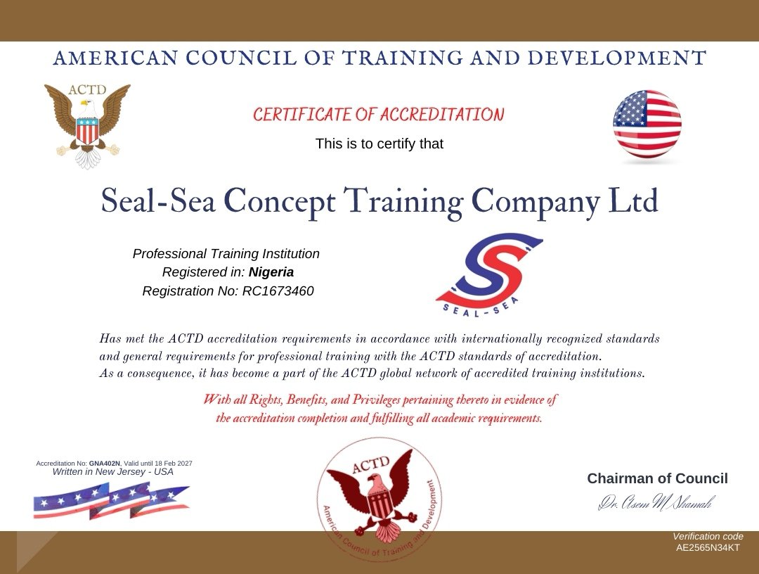 🚀 Seal-Sea Concept Training Company Ltd. is now officially accredited by the American Council for Training and Development (ACTD-USA).
​World-class standards. International recognition. Proven productivity.
​ actd.us/sealseaconcept/