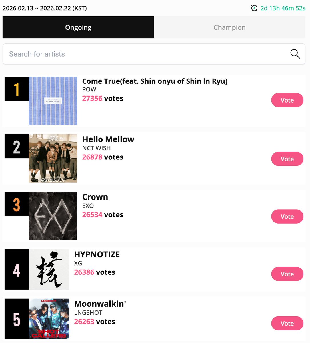 starvibe2015's tweet image. 📢 Top Comeback Track of Jan!
⏰ 3days left — still among the top contenders !

🎁 Reward: Myeongdong Shopping Street LED Screen feature for the final #1
👉Vote here : starvibe.fun/leader-board/t…
🗓️ Feb 13 – Feb 22 (KST)

1️⃣ #POW -  Come True(feat. Shin onyu of Shin ln Ryu)
2️⃣