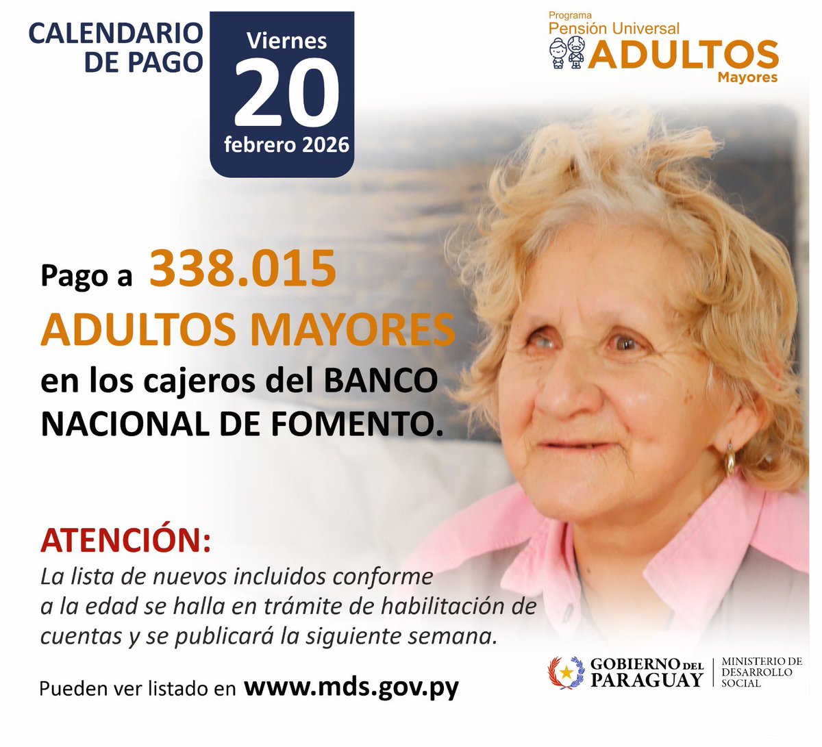 MDSParaguay's tweet photo. Atención al calendario de pagos. Este viernes empiezan los pagos. La semana que viene cobrarán los adultos mayores de 70 años. https://t.co/WqV6x0Oqvt